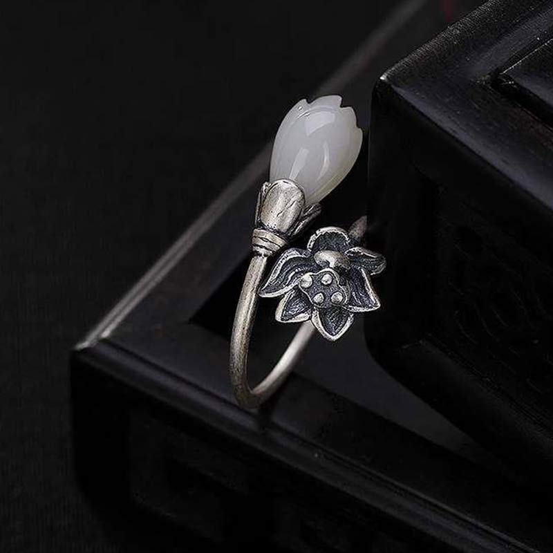 Buddha Stones Jade Lotus Kupfer Balance Heilung verstellbarer Ring