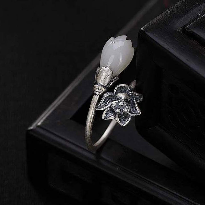 Buddha Stones Jade Lotus Kupfer Balance Heilung verstellbarer Ring