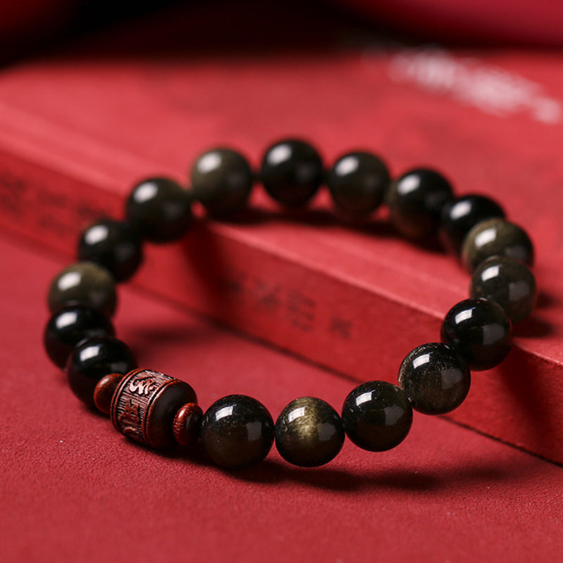 Buddha Stones, natürlicher Goldglanz-Obsidian, Regenbogen-Obsidian, Om Mani Padme Hum Fu, Charakter-Heilungsarmband
