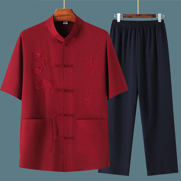 Buddha Stones Tang Anzug Hanfu Chinesischer Drache Traditionelle Kung Fu Uniform Kurzarm Tops und Hosen Kleidung Herren Set - image 17