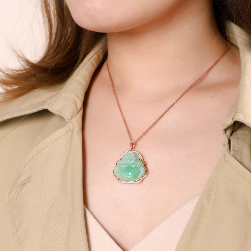 925 Sterling Silber lachender Buddha natürliche Jade Wohlstand Halskette Kettenanhänger - image 5