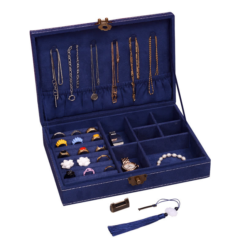 Buddha Stones, schlichtes Design, Schmuckschatulle, Organizer, einlagige Flanell-Schmuckaufbewahrungsbox mit Schloss - Marineblau 28 cm x 19 cm x 6,5 cm - image 22