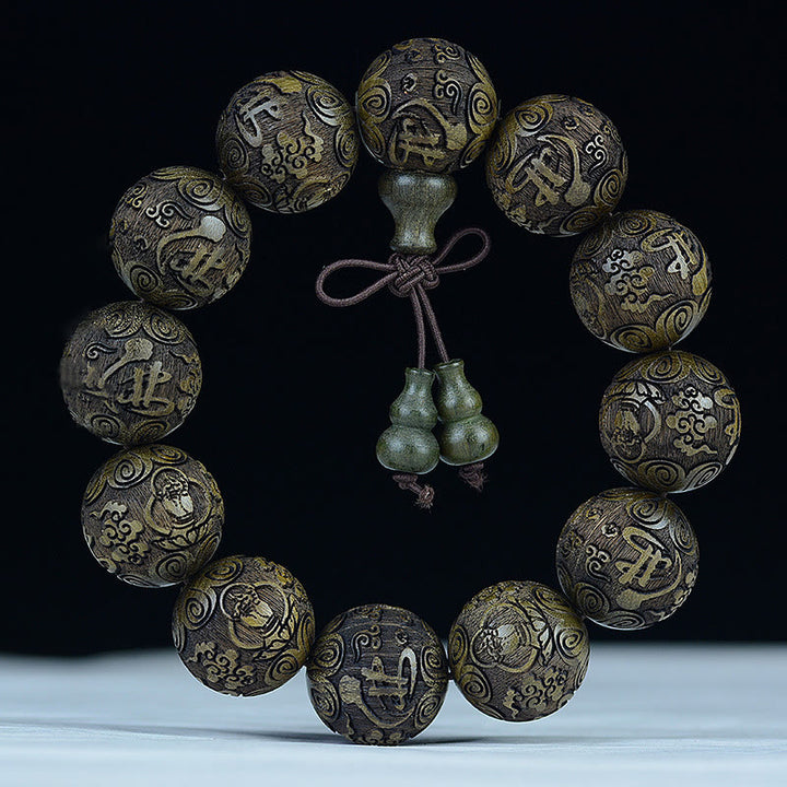 Buddha Stones Chinesisches Sternzeichen Palisander Ebenholz Kupfermünze PiXiu Geschnitztes Wärmearmband