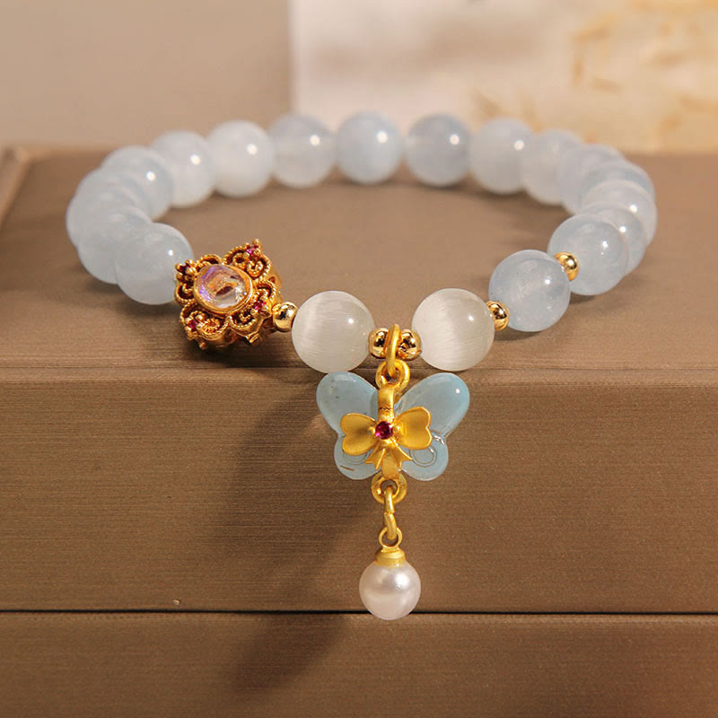 Buddha Stones Aquamarin Katzenauge Heilender Schmetterling Perlen Charm Armband
