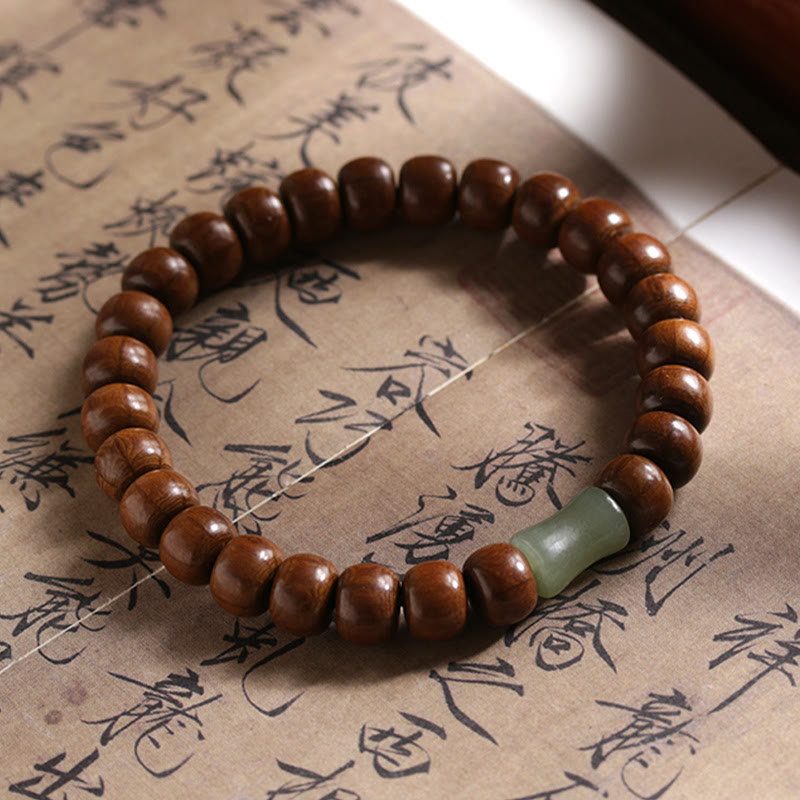 Buddha Stones Armband aus natürlichem Abelia Biflora-Holz, Hetian-Jade und Bambusperle, das böse Geister abwehrt