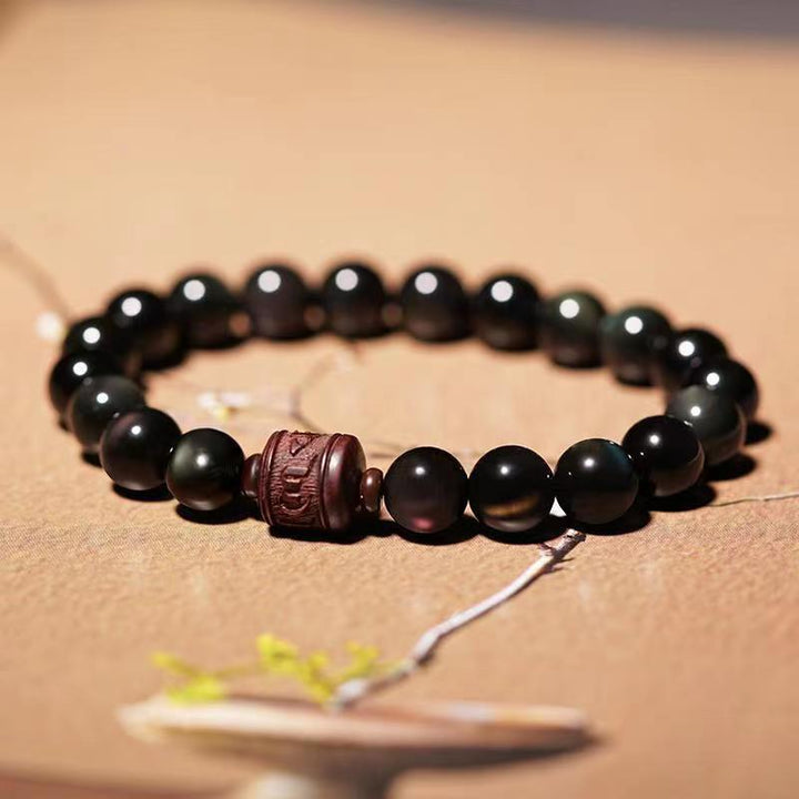 Buddha Stones, natürlicher Goldglanz-Obsidian, Regenbogen-Obsidian, Om Mani Padme Hum Fu, Charakter-Heilungsarmband