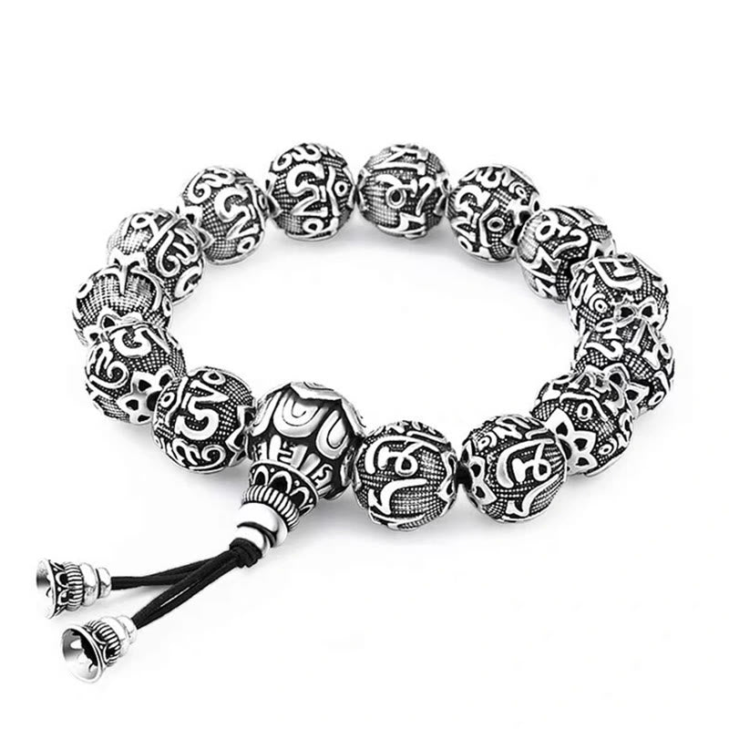 Buddha Stones Tibetisches Om Mani Padme Hum Amulett-Armband mit geschnitzten Legierungsperlen