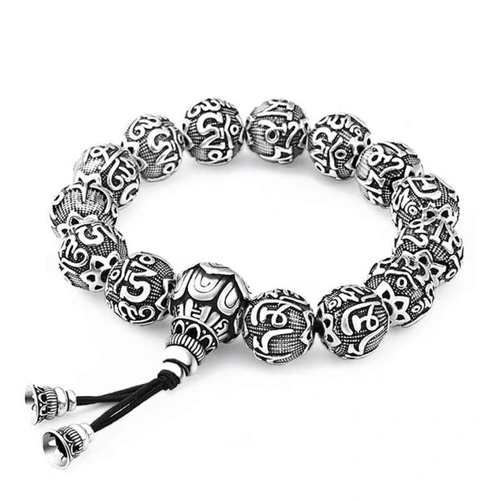 Buddha Stones Tibetisches Om Mani Padme Hum Amulett-Armband mit geschnitzten Legierungsperlen