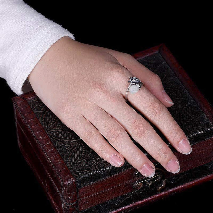 Buddha Stones Jade Lotus Kupfer Balance Heilung verstellbarer Ring