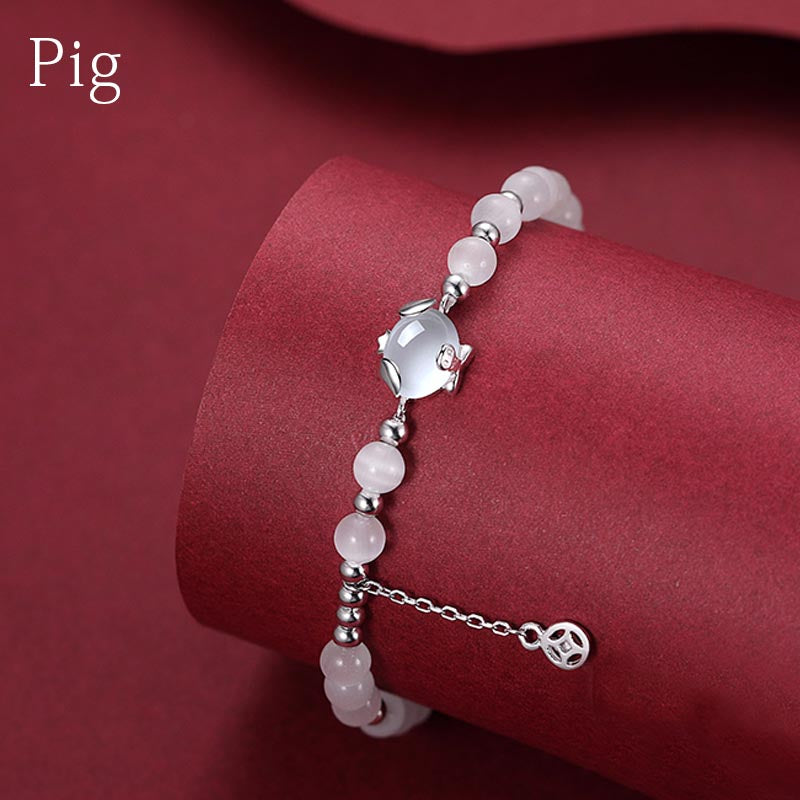 Buddha Stones 925 Sterling Silber Jahr des Drachen Chinesisches Sternzeichen Natürliches Katzenauge Chalcedon Kupfermünze Erfolgsarmband