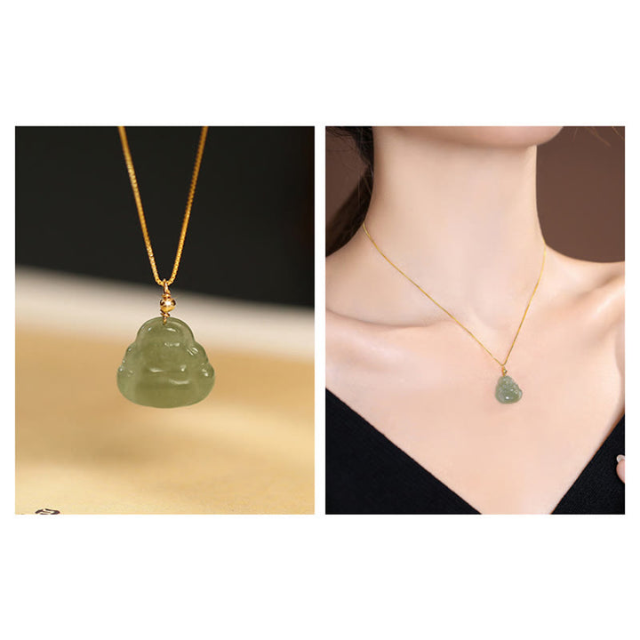 925 Sterling Silber natürliche Hetian Jade Cyan Jade Glück lachender Buddha Schmetterling Halskette Anhänger - image 5