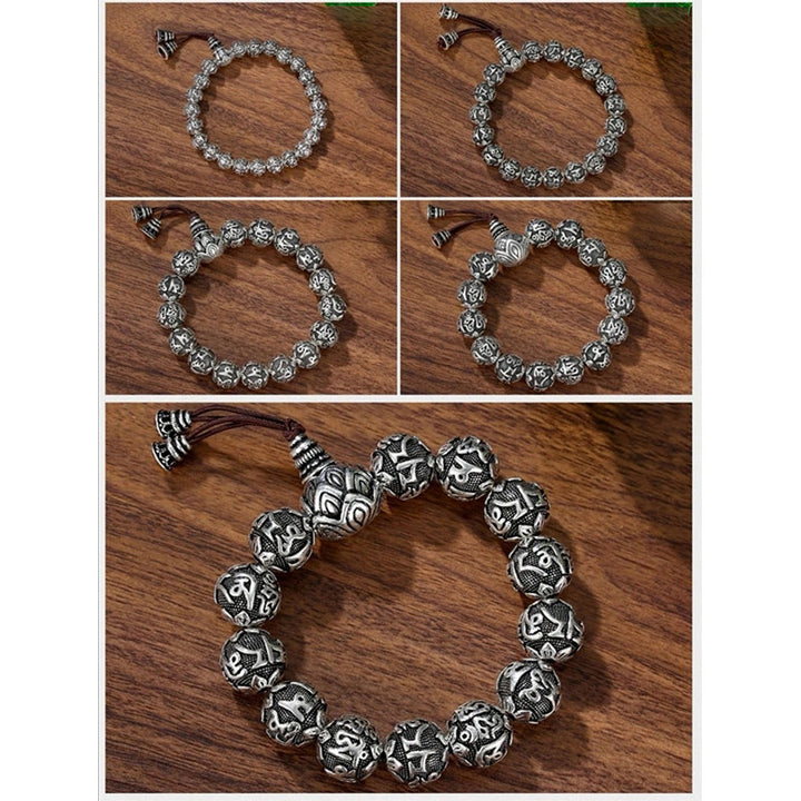 Buddha Stones Tibetisches Om Mani Padme Hum Amulett-Armband mit geschnitzten Legierungsperlen