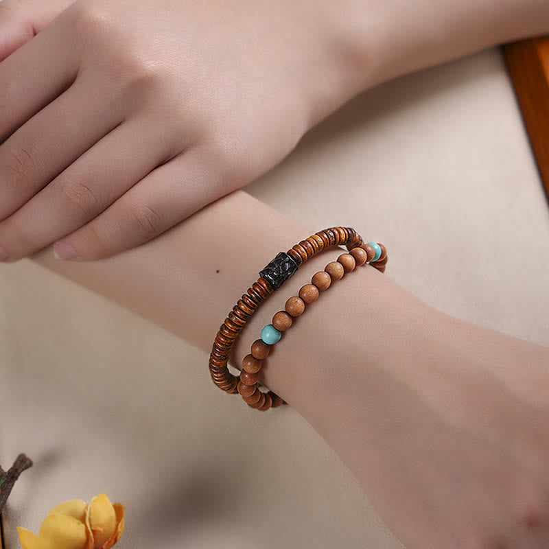 Buddha Stones Sandelholz Kleines Blatt Rotes Sandelholz Türkis Schutz Doppelwickelarmband