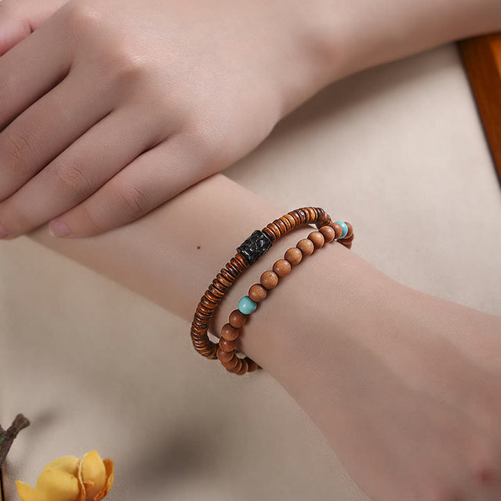 Buddha Stones Sandelholz Kleines Blatt Rotes Sandelholz Türkis Schutz Doppelwickelarmband