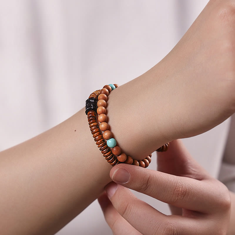 Buddha Stones Sandelholz Kleines Blatt Rotes Sandelholz Türkis Schutz Doppelwickelarmband