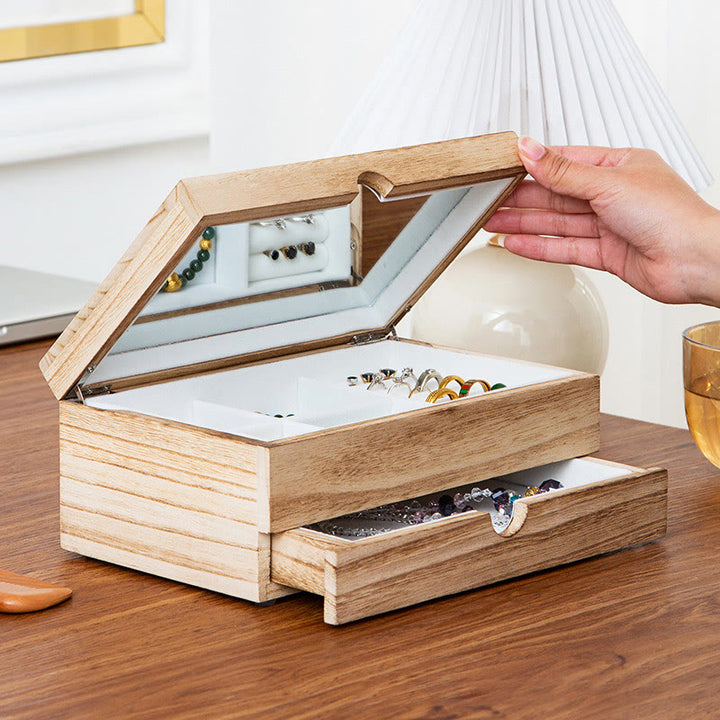 Buddha Stones Retro Beige Holz-Schmuckkästchen, zweilagige Schmuck-Aufbewahrungsbox mit Spiegel - image 6