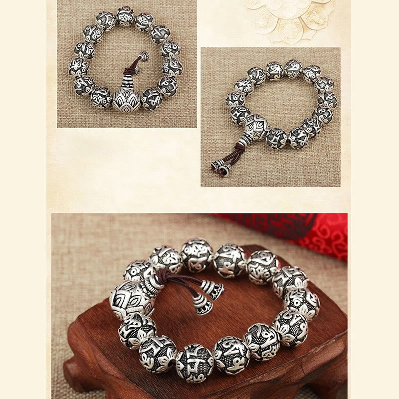 Buddha Stones Tibetisches Om Mani Padme Hum Amulett-Armband mit geschnitzten Legierungsperlen