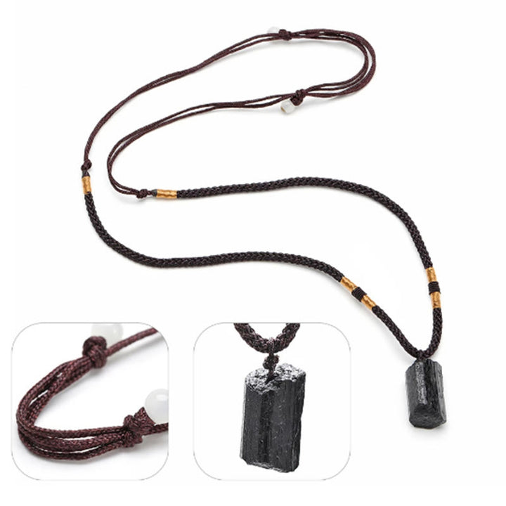 Buddha Stones Natürlicher schwarzer Turmalin positiver Seil-Halskettenanhänger