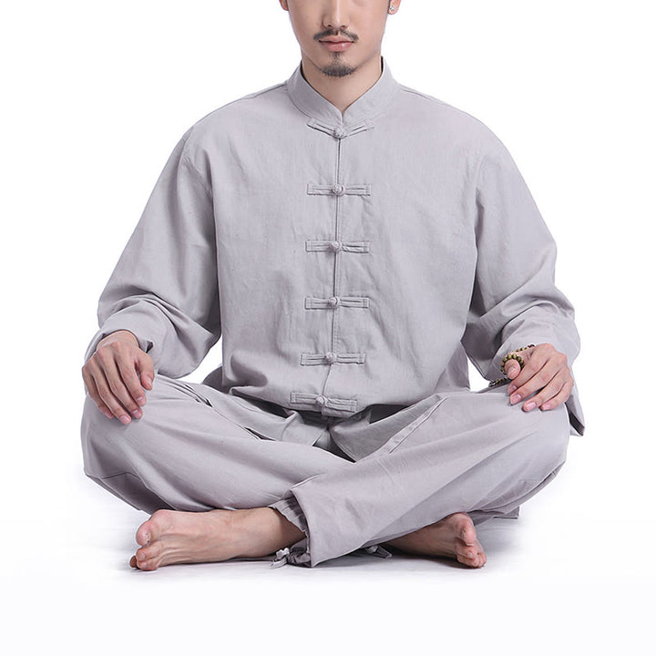 Buddha Stones, chinesischer Frosch, Knopf-Design, Meditation, Gebet, Baumwolle, Leinen, spirituell, Zen, Praxis, Yoga, Kleidung, Herren-Set - Grau (Langarm) - US/ UK/AU44,EU54 (3XL) - image 0
