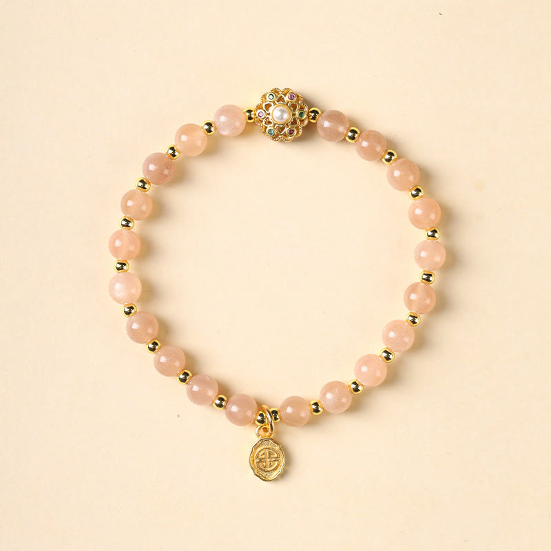 Buddha Stones 14 Karat vergoldetes natürliches Erdbeerquarz-Labradorit-Sonnenstein-Fu-Character-Charm-Armband