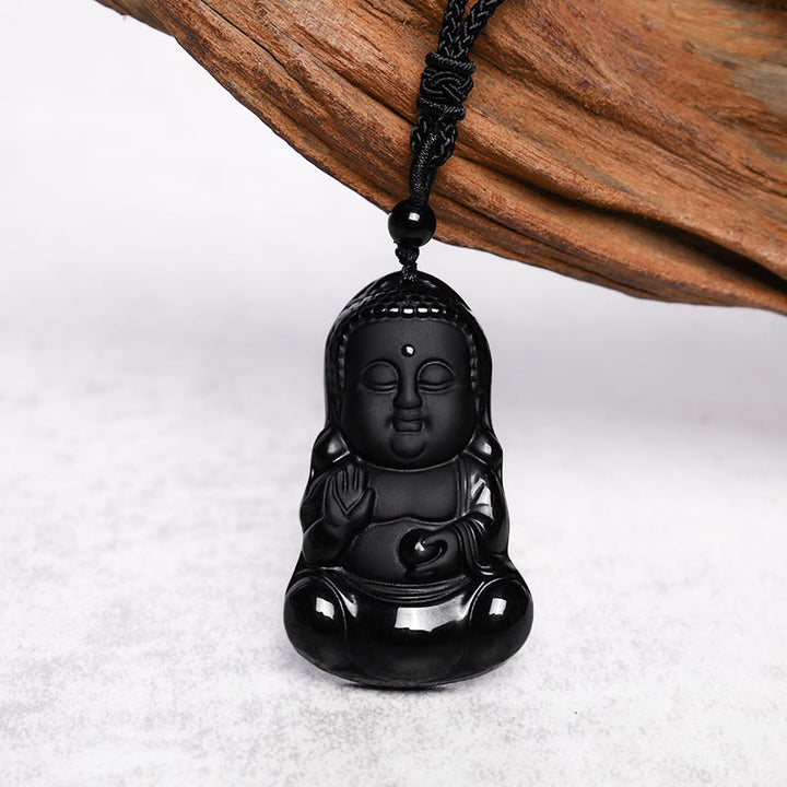 Buddha Stones, natürlicher schwarzer Obsidian-Kristall, Buddha-Stärke, Schutz, Amulett, Glücksbringer-Anhänger-Halskette - image 4