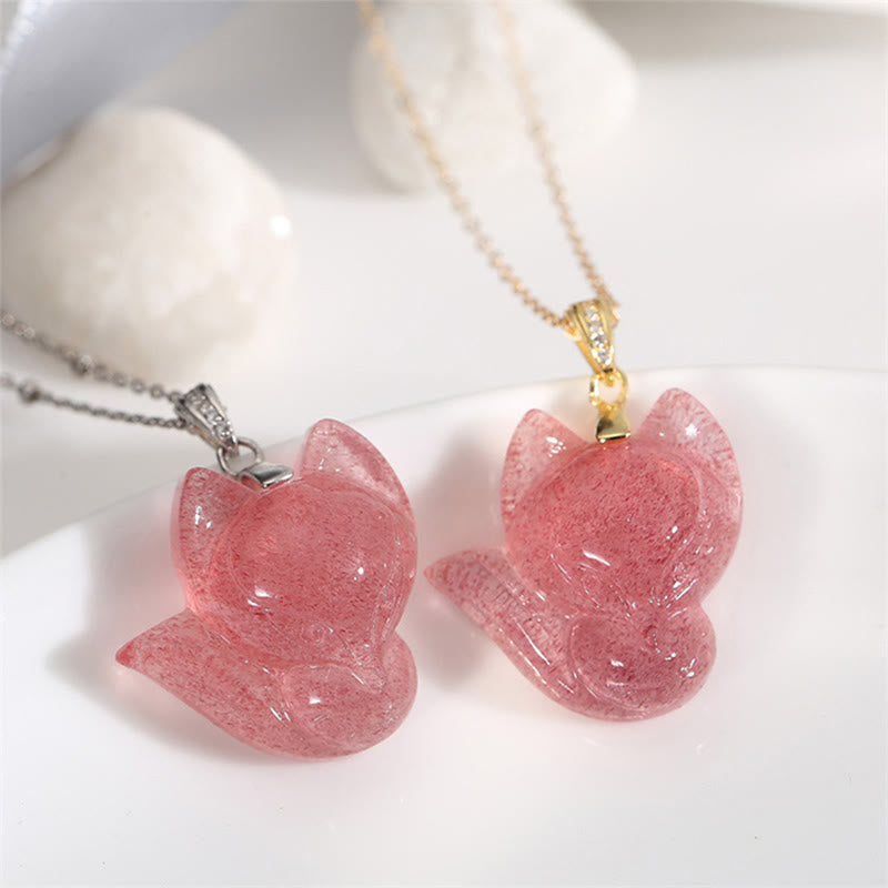 Buddha Stones Halskette mit Anhänger, 925er Sterlingsilber, vergoldet, 14 Karat Gold, Erdbeerquarz, Fuchs - image 1