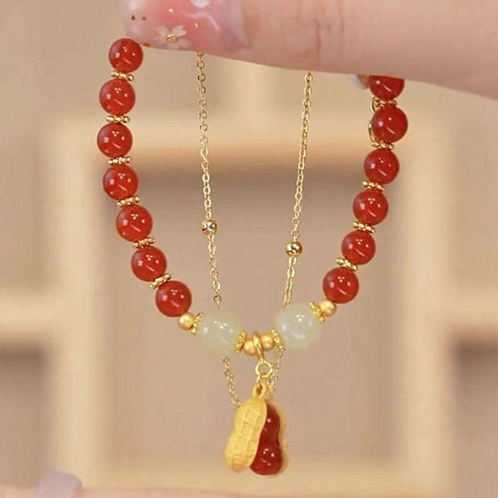 Perlenarmband mit Buddha Stonesn, Jadeblatt, Ginkgo-Tulpe, Erdnuss-Fu-Charakter, Glücksperlen