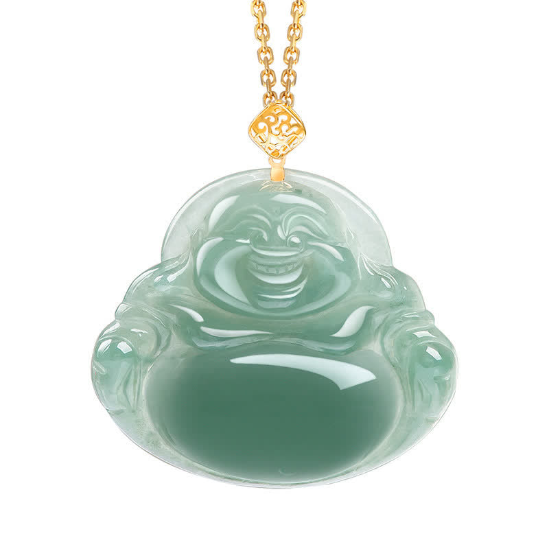 Lachender Buddha Halskette Anhänger aus natürlicher Jade, Wohlstand, Fülle - Gold - image 3
