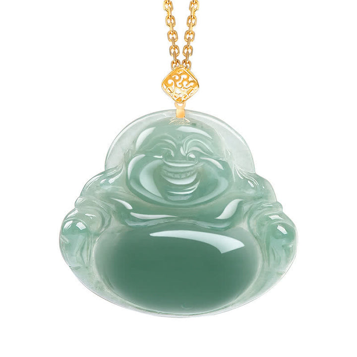 Lachender Buddha Halskette Anhänger aus natürlicher Jade, Wohlstand, Fülle - Gold - image 3