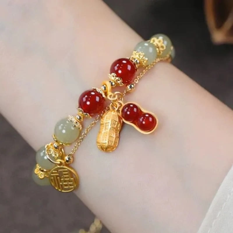 Perlenarmband mit Buddha Stonesn, Jadeblatt, Ginkgo-Tulpe, Erdnuss-Fu-Charakter, Glücksperlen