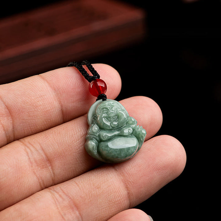 Buddha Stones, natürlicher grüner Jade-Halskettenanhänger, lachender Buddha, Glück, Fülle