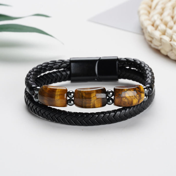 Buddha Stones Natürliches Tigerauge-Schutz-Willens-Lederarmband mit magnetischer Schnalle