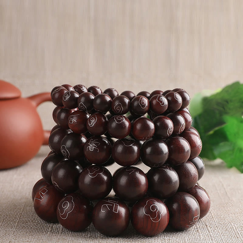 Buddha Stones, 925er-Sterlingsilber, eingelegtes kleines Blatt, rotes Sandelholz, Om Mani Padme Hum-Charakter, glückverheißende Wolken, Schutzarmband
