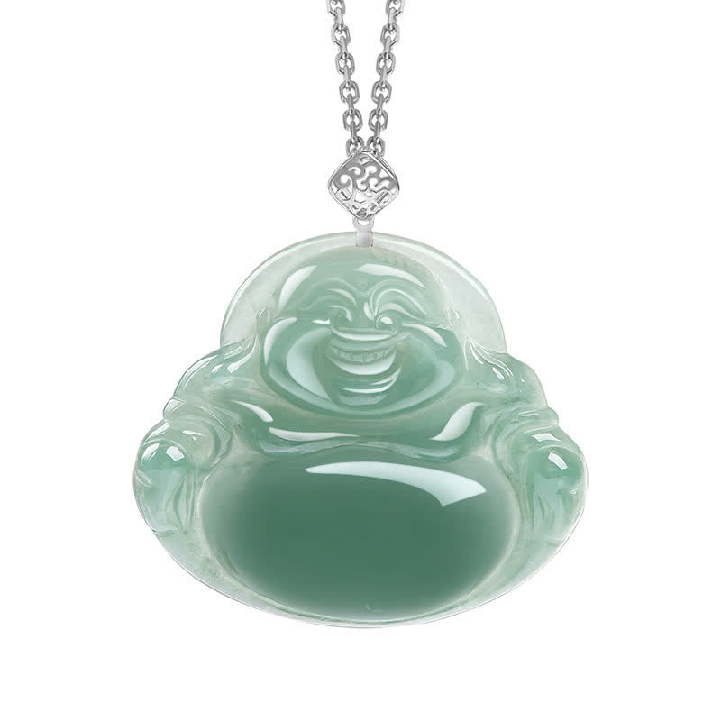 Lachender Buddha Halskette Anhänger aus natürlicher Jade, Wohlstand, Fülle - Silber - image 5