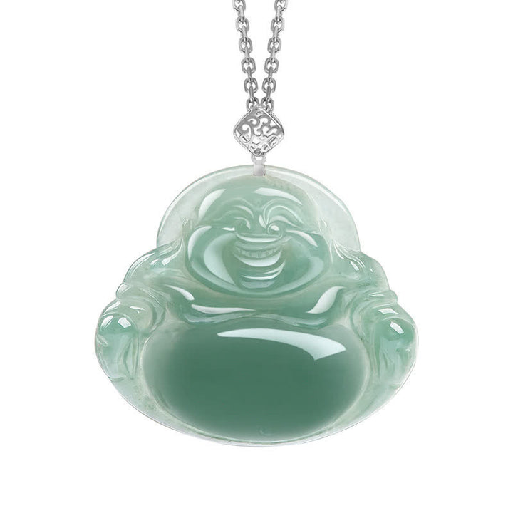 Lachender Buddha Halskette Anhänger aus natürlicher Jade, Wohlstand, Fülle - Silber - image 5