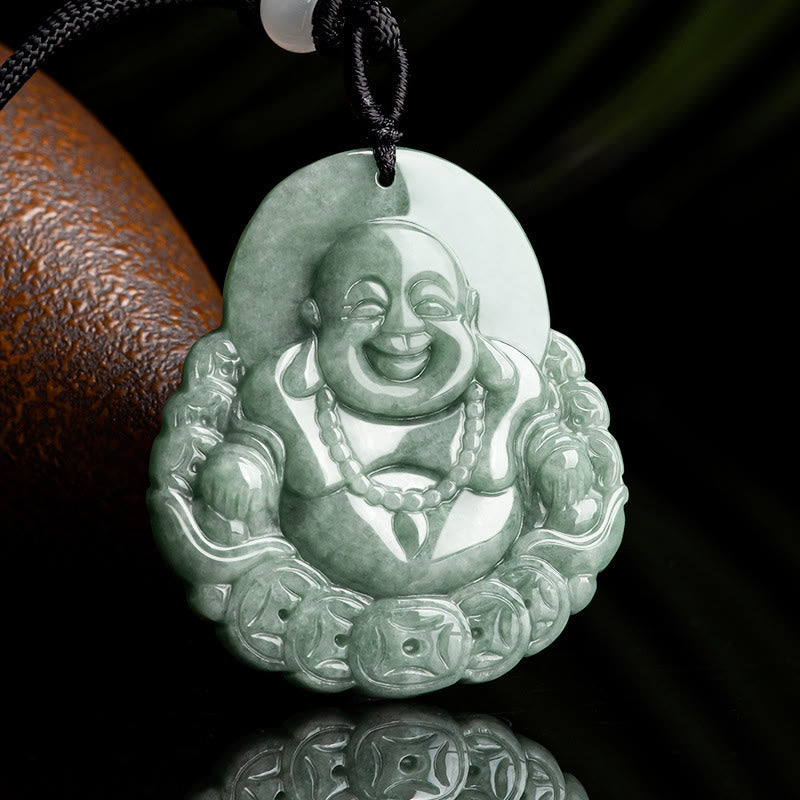Buddha Stones, lachender Buddha, natürlicher Jade-Kupfer-Münzen-Halsketten-Anhänger - image 2