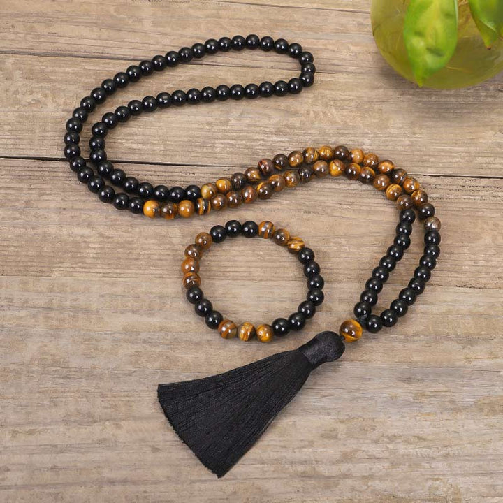 Buddha Stones Tibetisches schwarzes Onyx-Tigeraugenschutz-Halsketten-Mala-Set