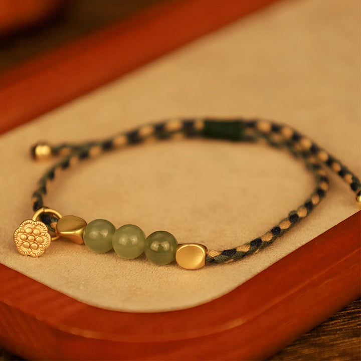 Buddha Stones Handgefertigtes geflochtenes Lotus-Charm-Armband aus hetianischer Jade