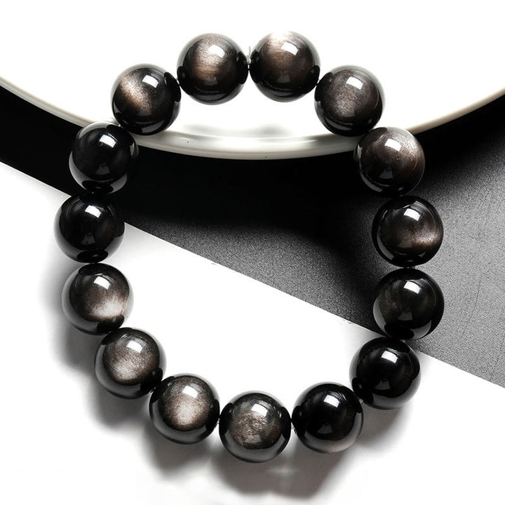 Buddha Stones Natürliches Obsidian-Armband mit silbernem Glanz und beruhigendem Schutz