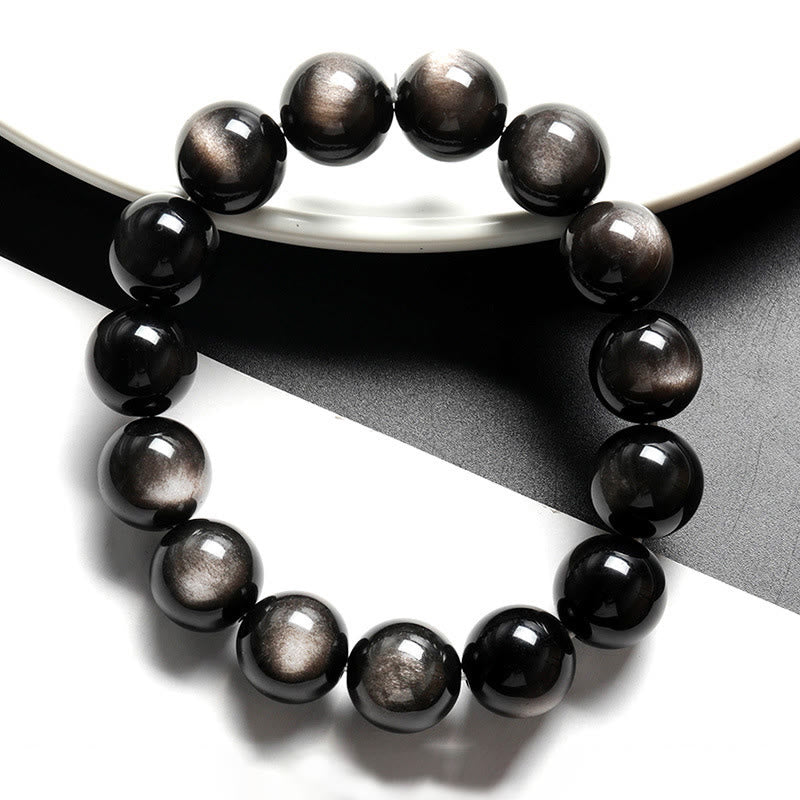Buddha Stones Natürliches Obsidian-Armband mit silbernem Glanz und beruhigendem Schutz