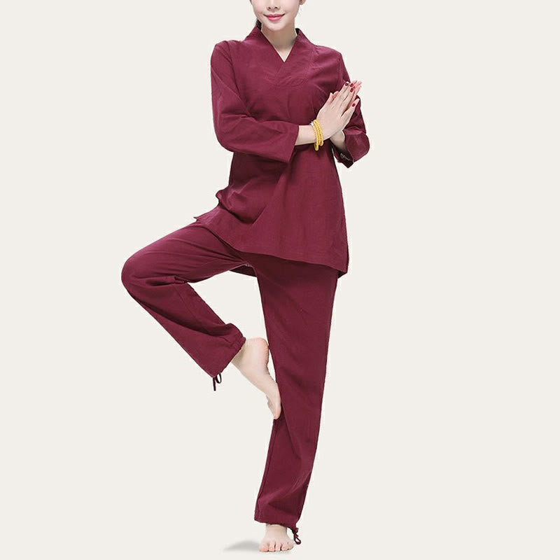 Buddha Stones Zen Praxis Yoga Meditation Gebet V-Ausschnitt Design Uniform Baumwolle Leinen Kleidung Damen Set - image 1