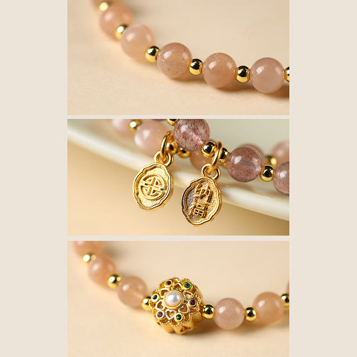 Buddha Stones 14 Karat vergoldetes natürliches Erdbeerquarz-Labradorit-Sonnenstein-Fu-Character-Charm-Armband