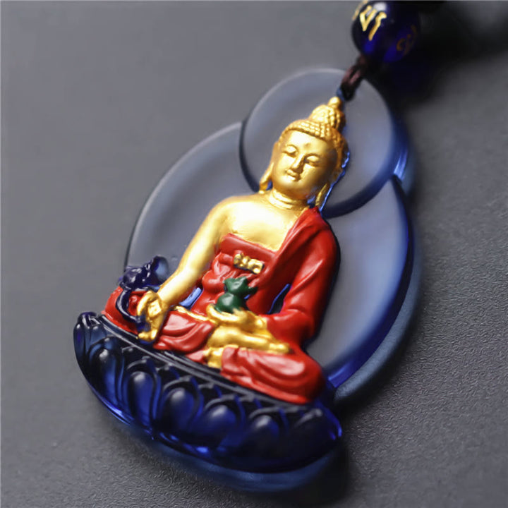 Buddha Stones, Tibet-Medizin-Buddha-Liuli-Kristall, Mitgefühl, Halsketten-Anhänger - Blaugoldener Medizinbuddha - image 1