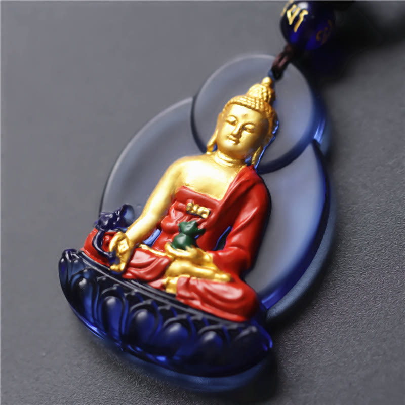 Buddha Stones, Tibet-Medizin-Buddha-Liuli-Kristall, Mitgefühl, Halsketten-Anhänger - Blaugoldener Medizinbuddha - image 1