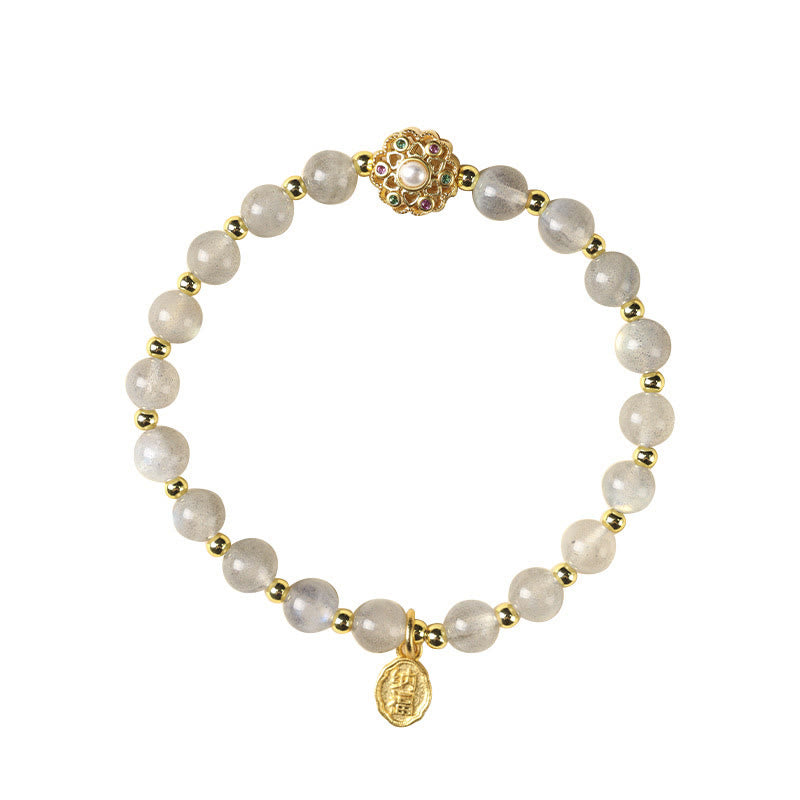 Buddha Stones 14 Karat vergoldetes natürliches Erdbeerquarz-Labradorit-Sonnenstein-Fu-Character-Charm-Armband