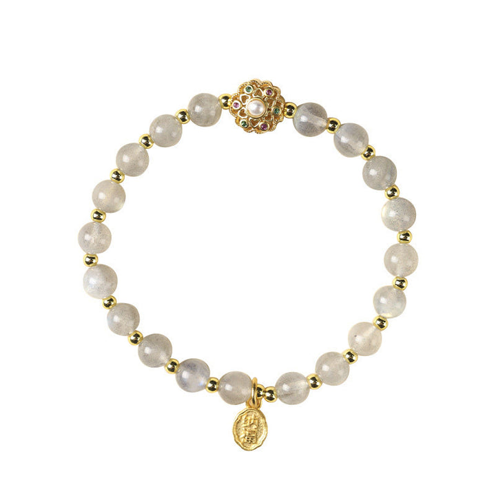 Buddha Stones 14 Karat vergoldetes natürliches Erdbeerquarz-Labradorit-Sonnenstein-Fu-Character-Charm-Armband