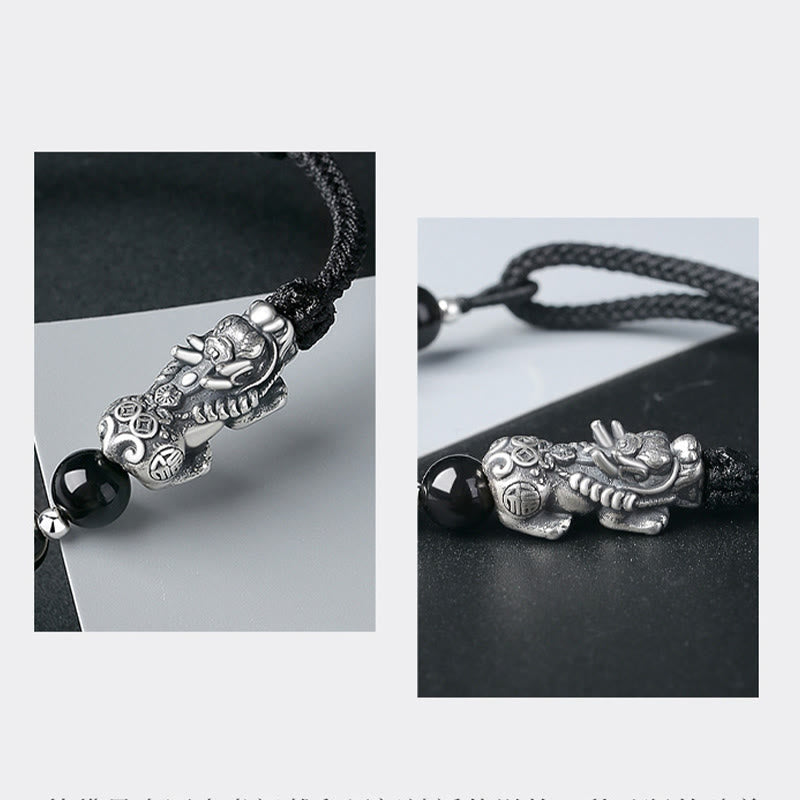 Buddha Stones 999 Sterling Silber FengShui PiXiu Natürlicher schwarzer Obsidian 925 Sterling Silber Bead Strength Armband