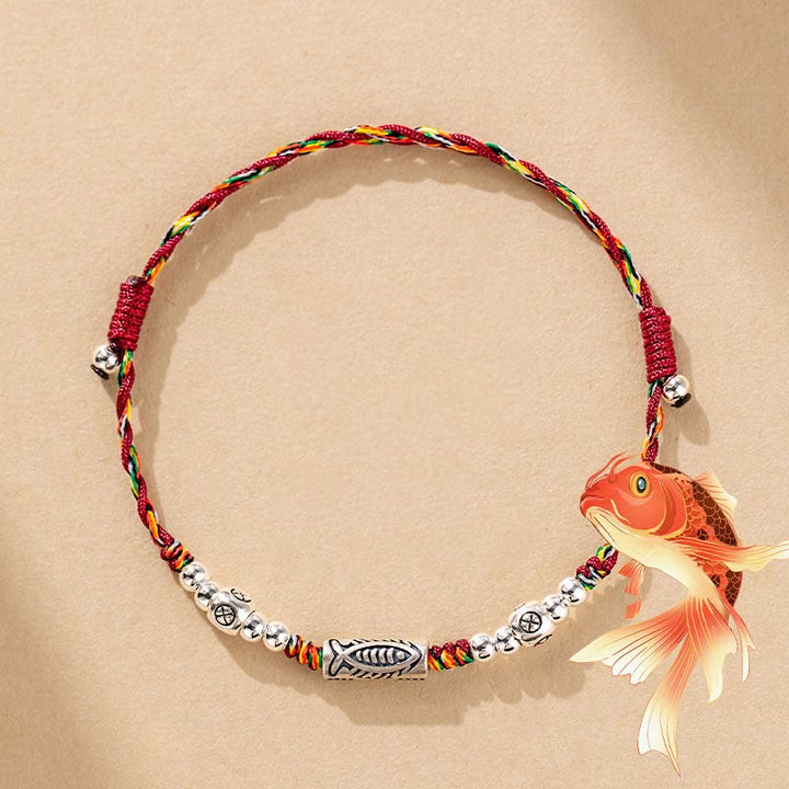 Buddha Stones 925 Sterling Silber Luck Koi Fisch geflochtene bunte Schnur Armband Fußkettchen