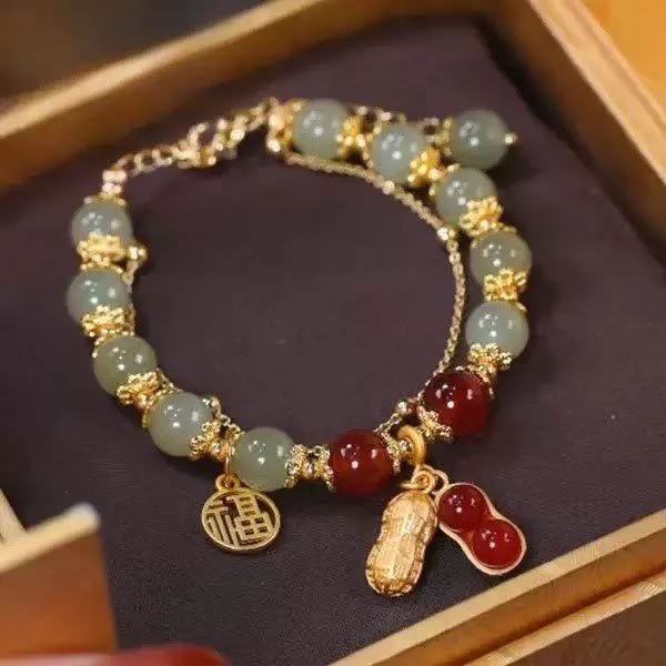 Perlenarmband mit Buddha Stonesn, Jadeblatt, Ginkgo-Tulpe, Erdnuss-Fu-Charakter, Glücksperlen