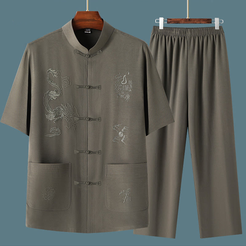 Buddha Stones Tang Anzug Hanfu Chinesischer Drache Traditionelle Kung Fu Uniform Kurzarm Tops und Hosen Kleidung Herren Set - image 3